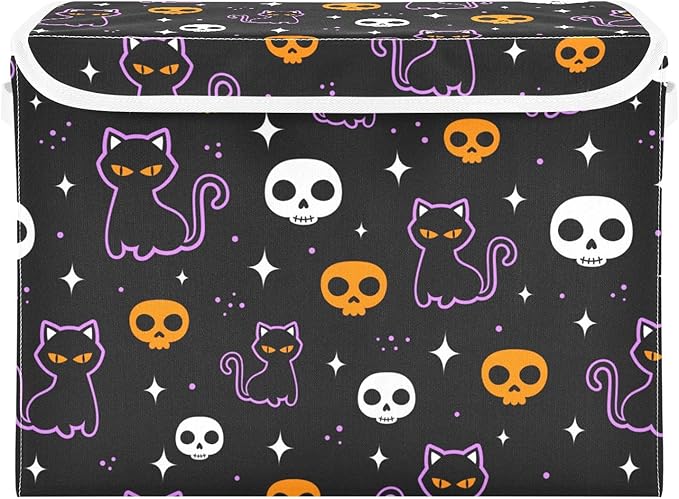 senya Halloween Storage Baskets Collapsible Storage Bins with Lids, Halloween Colored Skulls Black Cat Storage Boxes Clothes Baskets for Organizing, B06D22020