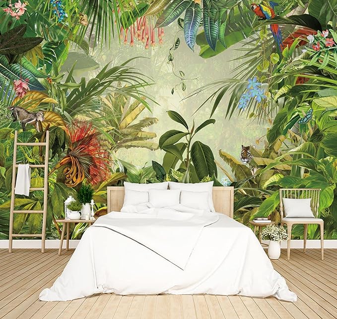 Tropical Botanical Animal Floral Bird Wallpaper Woodland Forest Tree Nursery Kids Bedroom Plant murals Living Room tv Background Large Wall Mural - 160"x108" Not Peel and Stick