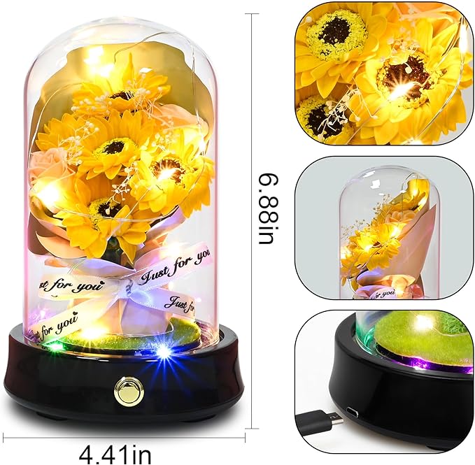 QUELIEN Sunflower Lamp for Nightstand Decor - Glass Dome with Artificial Sunflowers, Warm Light Home Decor for Bedroom/Office, Unique Mother's Day/Xmas/Wedding Gifts for Women