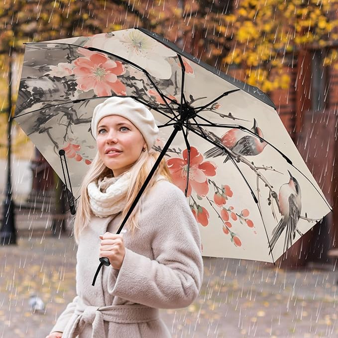 Automatic Folding Umbrella Windproof Strong, UV Protection Compact Floral Hydrangea Hummingbird Sun Rain Sun Rain Travel Umbrellas for Women Men