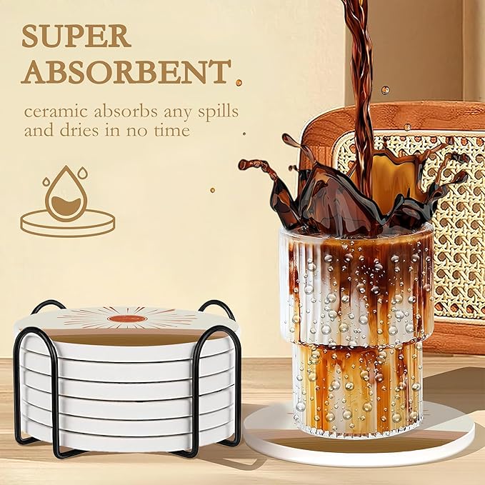 Drink Coasters with Holder,6 Pcs Japanese Style Sun Landscape Coffee Cup Mat with Storage Holder, Durable Ceramic Coaster Set for Hot & Cold Beverages