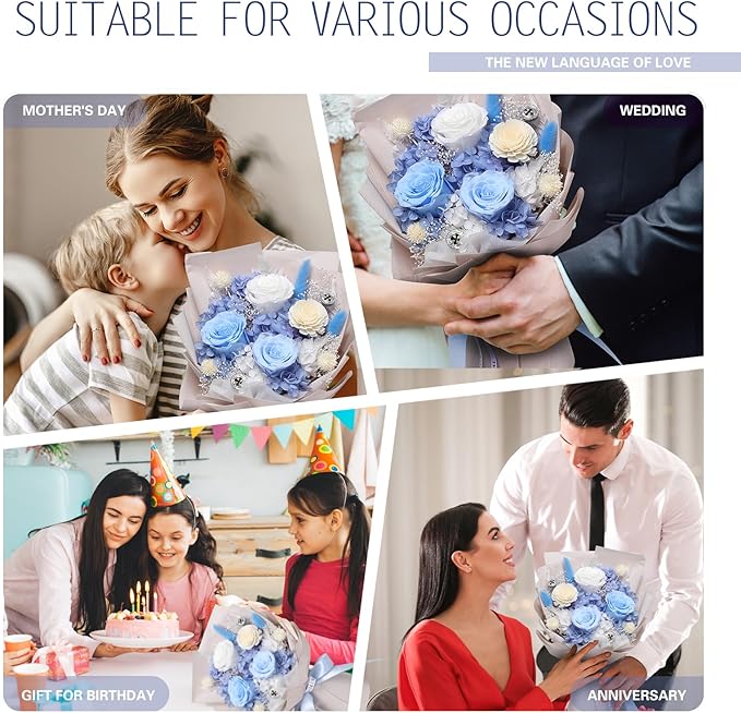 Preserved Flowers for Delivery, Blue Flower Bouquets with Necklace, Forever Real Roses Anniversary Birthday Gifts for Women Mom Wife Girlfriend, Fresh Flowers for Valentines Day Christmas