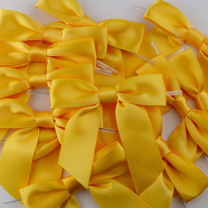 7Rainbows 30pcs Boutique 2.5" Yellow Gold Satin Ribbon Twist Tie Bows for Tying Up Packages Gift Wrapping