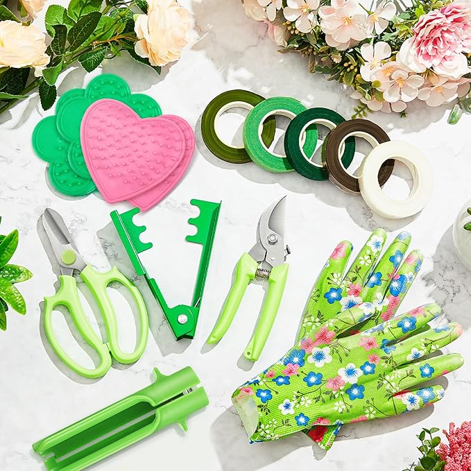Lasnten 14 Pcs Rose Stripper Thorn Remover Tool Garden Pruning Shears Scissors Kit Leaf Stripping Tool Floral Gloves and Floral Tape Flower Stripper Kit Gift for Wedding Outdoor Gardening (Green)