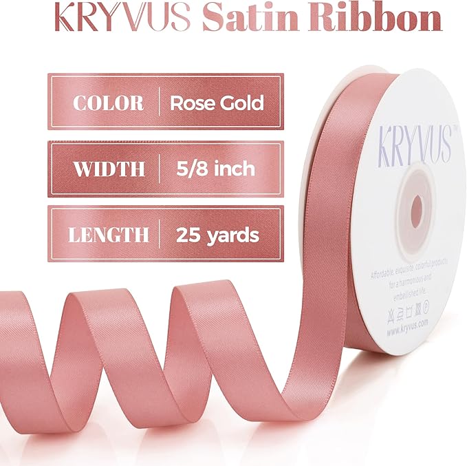 Rose Gold Satin Ribbon, Double Faced 5/8 Inch X 25 Yards Rose Gold Ribbon, Premium Satin Ribbon for Gift Wrapping, Crafts, Hair Bow Making, Sewing, Flower Bouquet, Wedding Party Decor