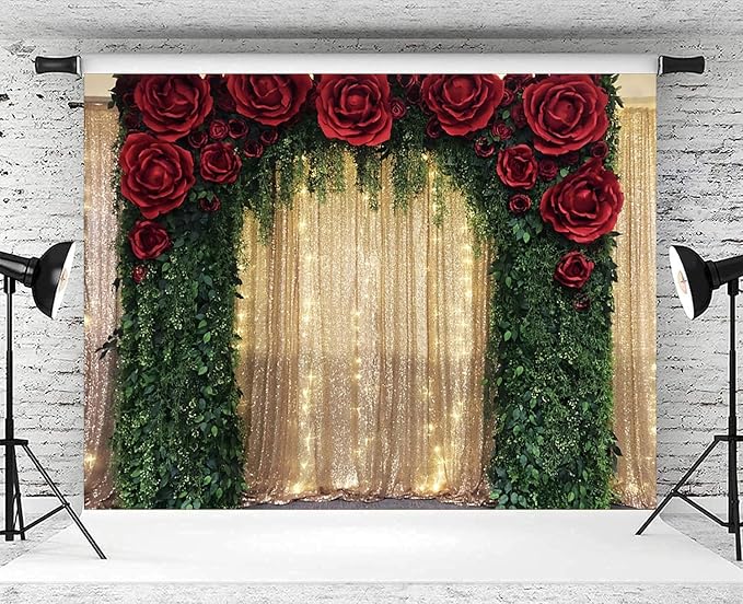 10x8ft Wedding Backdrop Red Rose Flowers Gold Sequin Wall Greenery Leaves Photography Background Bridal Wedding Party Banner Decorations Supplies Photo Booth Props