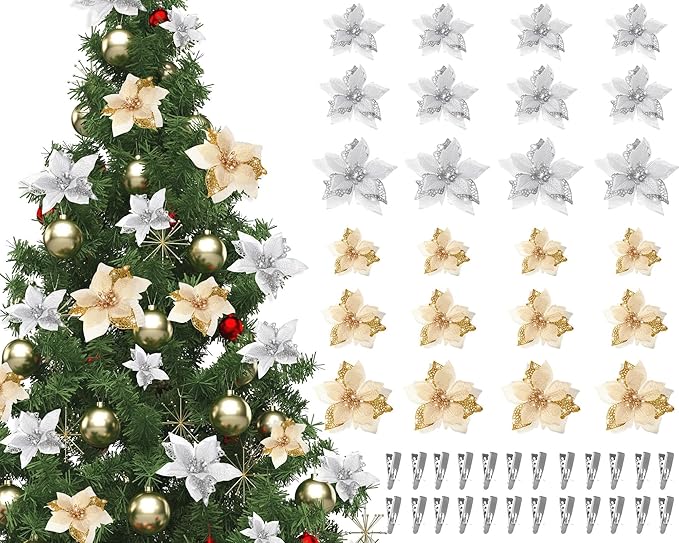 WILLBOND 36 Pieces Christmas Poinsettia Glitter Faux Flowers Christmas Artificial Flowers Tree Ornaments Topper Xmas Decorations (Gold, Silver)