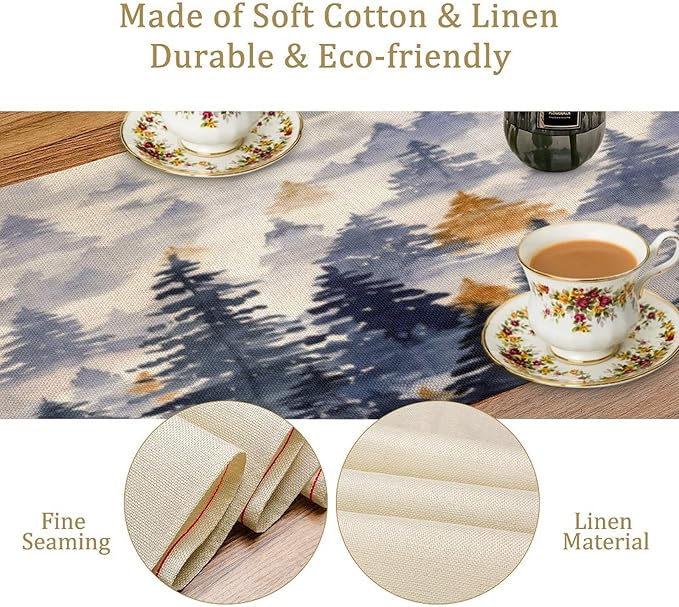 Watercolor Blue Pine Trees Table Runner, Forest Woodland Tabletop Scarf Home Kitchen Holiday Decor, Seasonal Farmhouse Rustic Dining Decorations Party Supply 13 X 60 Inch