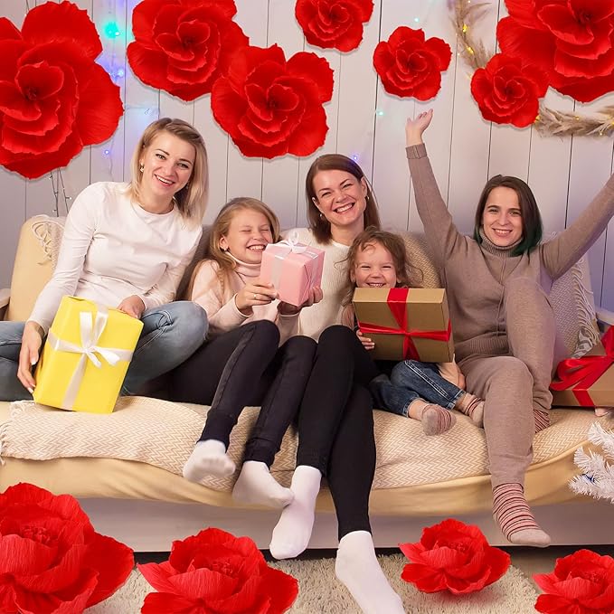 Giant Paper Flowers Artificial Large Paper Flower Decoration for Handcrafted Wall Backdrop Christmas Mexican Wedding Graduation Bridal Shower Birthday Party Supplies(Red,12 Pcs)