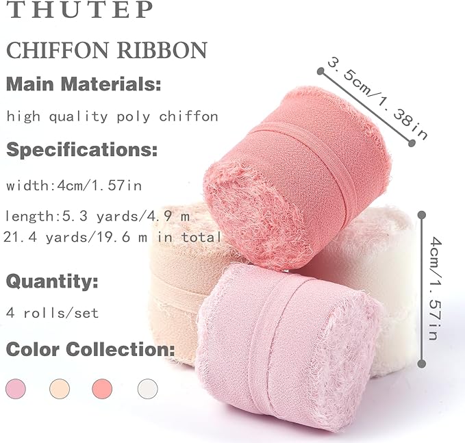 4 Rolls Chiffon Silk Ribbon，1.57 Inch Wide x 21.4 Yards Total Frayed Fringe Silk Ribbons，Suitable for Wedding Invitations, Party Decoration, Bridal Bouquets, Greeting Card(Multicolor)