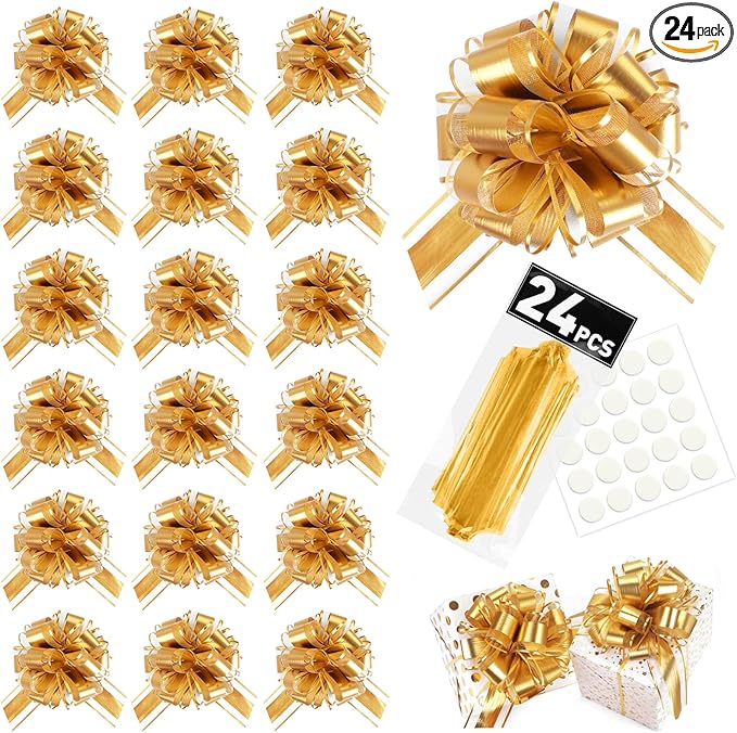 24PCS 6 Inch Large Pull Bows,Gold Bow for Gift Wrapping,Party Gift Wedding Ribbon Bows for Wrapping Boxes or Flower Decorations,Perfect for Christmas Valentine's Day Decoration Bow（Gold）