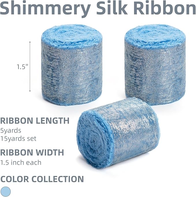 Deep Sky Blue Silk Chiffon Ribbon,Dusty Blue Frayed Shimmery Silk Ribbon for Bridal Flower Bouquet Gift Wrapping Wedding Decor Invitations Decorations 1.5" x 15 Yards (5Yards X 3 Rolls)
