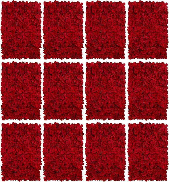 BLOSMON Flower Wall Panel Backdrop - 12 Pcs 24 x 16 Inch Red Artificial Hydrangea Floral Panels for Wedding Party Baby Bridal Shower Decor - 3D Fake Silk Flower Backdrop Decoration