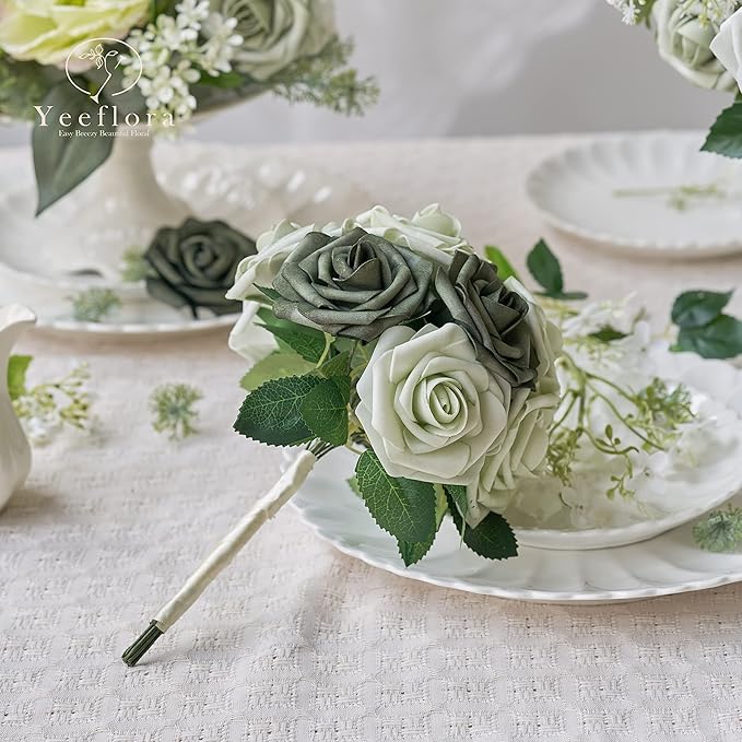 Artificial Flowers, 25pcs Realistic Artificial Rose for Centerpieces Arrangements, Sage Green Foam Flowers with Stem for Bridal Shower Party Home Decorations