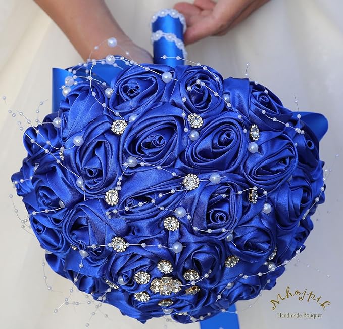 Bridal Wedding Bouquet Round Bling Brooch Bouquet Throw Toss Artificial Rose Flower Bunch for Bride Bridesmaid Wedding Quinceanera(Royal Blue, 8.7")