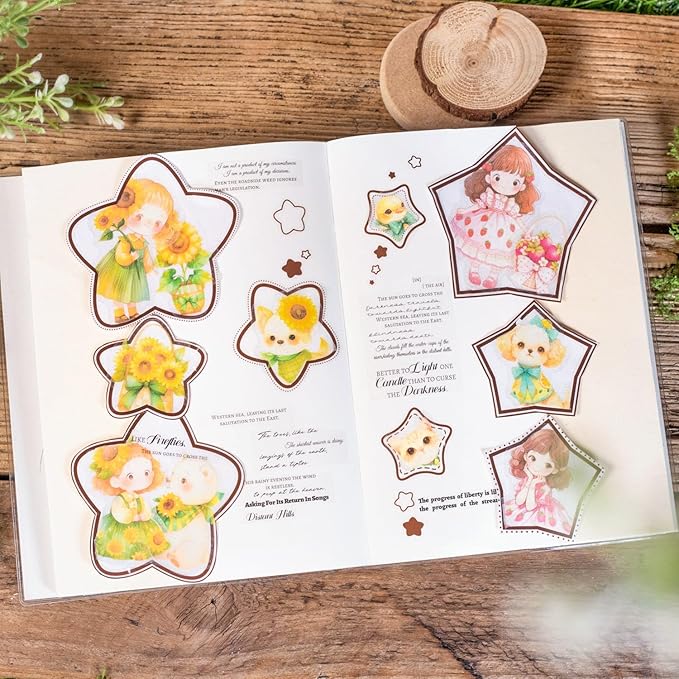TIAMECH Cute Stories PET Stickers - 60 Pcs Daisy Rose Flower & Hairy Girl Design, Waterproof Sticker for Journaling & Scrapbooking, Junk Journal Supplies, Ephemera & DIY Crafts