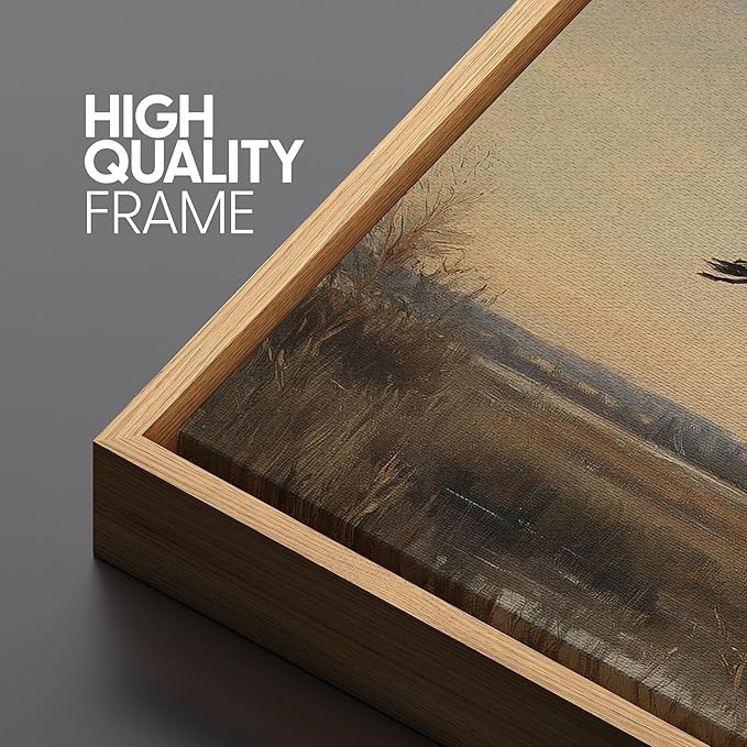 SIGNFORD Large Framed Canvas Print Wall Art Flying Cranes Over Wetlands Vintage Nature Bird Scene Illustrations Modern Art Relax/Calm Warm for Living Room, Bedroom, Office - 60"x20"