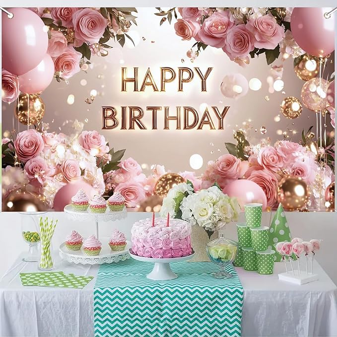 Pink Rose Happy Birthday Backdrop Banner Gold Letters Floral Photography Background Girls Birthday Party Decorations Elegant Party Supplies Photo Booth Props 71x43 Inch