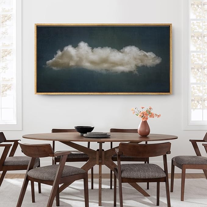 SIGNFORD Extra Large Framed Canvas Print Wall Art Single Fluffy Cloud on Dark Sky Minimalist Atmospheric Illustrations Modern Art Relax/Calm Warm for Living Room, Bedroom, Office - 60"x30"