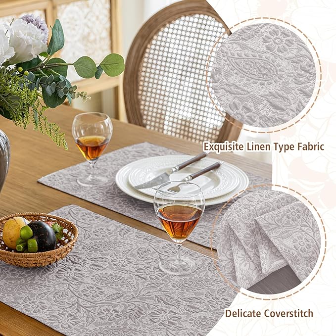 HEAVYWOOD Boho Placemats Set of 6 Cloth Floral Place Mats Paisley Botanical Table Mats for Kitchen Dinning Farmhouse Rustic Washable Tablemats 14x18 Inch (Greyish, 6)