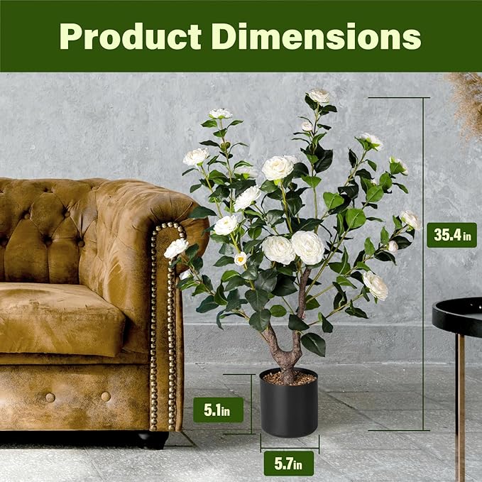 Artificial Camellia Tree,2Pack 3FT Faux White Camellia Plants in Pots,Lifelike Artificial Flower Trees for Indoor Outdoor Home Decor,Realistic Blooming Faux Plants for Bedroom Porch Patio Office
