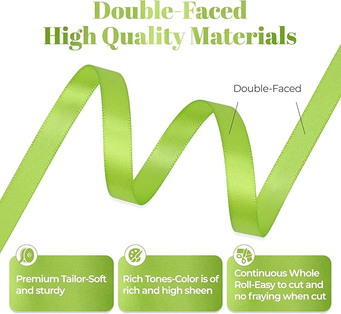Apple Green Satin Ribbon, Double Faced 3/8 Inch X 25 Yards Apple Green Ribbon, Premium Satin Ribbon for Gift Wrapping, Crafts, Hair Bow Making, Sewing, Flower Bouquet, Wedding Party Decor