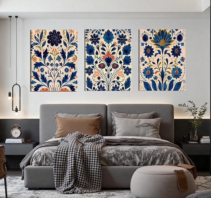 3 Pcs Blue Boho Flower Canvas Wall Art, Floral Painting Poster Wall Decor,Wildflower Botanical Picture for Wall Living Room Bathroom Bedroom Home Decoration 12*16 in (Stretched Canvas on A Wooden Frame)