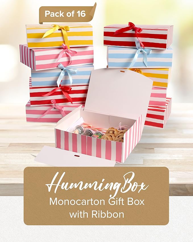 HummingBox Stripes Gift Box Set of 16 - Gift Boxes for Presents & gifting on weddings, birthdays & more - Easy to Assemble Striped Gift Boxes With Lids & Ribbon Closure - Decorative Boxes With Lids