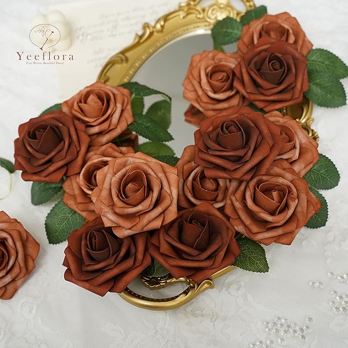 Artificial Flowers, 50pcs Artificial Rose for DIY Wedding Bouquets Centerpieces Arrangements, Shades of Terracotta Foam Roses with Stem for Bridal Shower Party Home Decorations