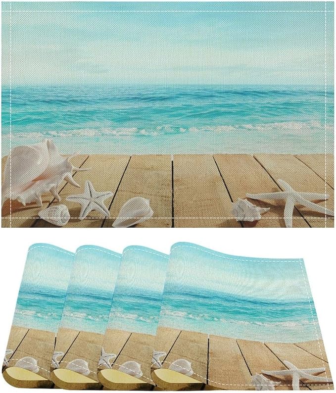 Beach Placemats Set of 4 Summer Nautical Coastal Seashell Art Printed Dining Table Mats for Restaurant Home Kitchen Holiday Decor 12x18in