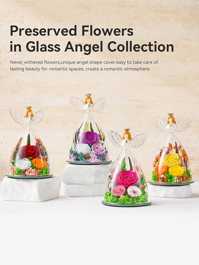 Gifts for Women Forever Flowers Preserved Rose in Glass Angel Figurine Real Colorful Roses Birthday Gifts for Her Grandma Sister Daughter Wife, Purple