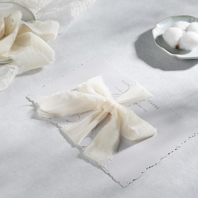 Ivory Velvet Ribbon 1.5 Inch Iovry Frayed Silk Velvet for Christmas, Gift Wrapping, Raw Edge Boho Style for Wedding Invitation Bridal Bouquet -3yards