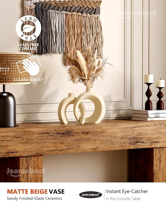 Beige Ceramic Decor Vase Set of 2 - Modern Boho Donut Decorative Vases for Home Entry Way Console Table Decor, Shelf Bookshelf Mantel Decorations, Kitchen Dining Table Centerpiece (Matte Cream White)