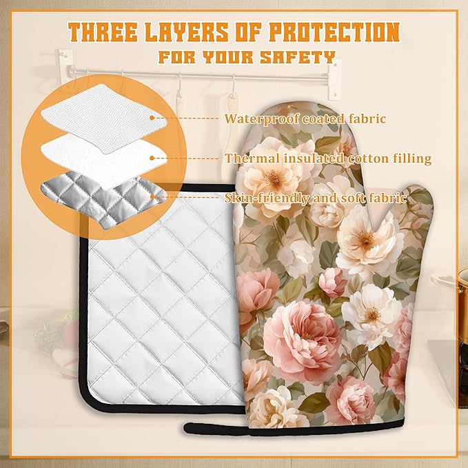Pink Roses Oven Mitts and Pot Holders Set,Peony Flower Kitchen Oven Gloves and Pot Holder with Heat Resistant Non Slip for Cooking Baking Grilling(4 Piece Set)