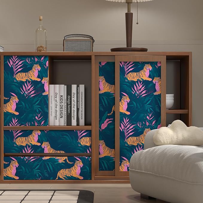 Tropical Contact Paper Tiger Wallpaper Peel and Stick Vintage Animal Wall Paper for Bedroom Bathroom Drawer Counter Cabinet Renter Friendly 17.5 x 78.5In