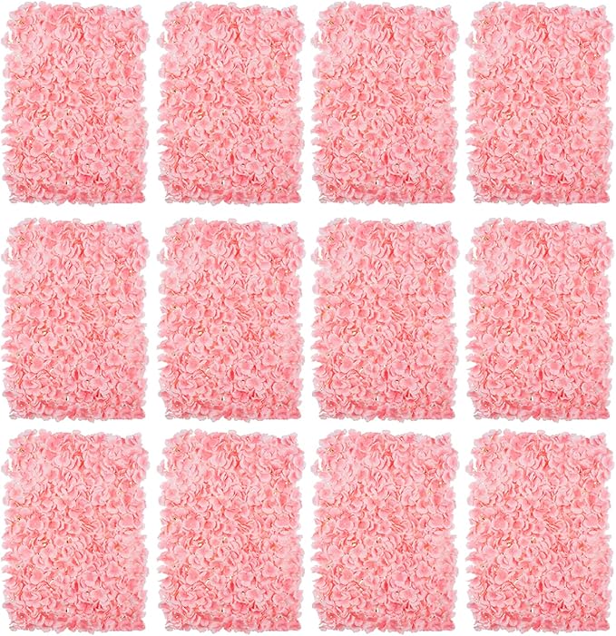 BLOSMON Flower Wall Backdrop Decor: 12 Pcs 24 x 16 Inch Blush Artificial Floral Panels for Wedding Party Baby Bridal Shower - 3D Fake Silk Hydrangea Wall Decoration
