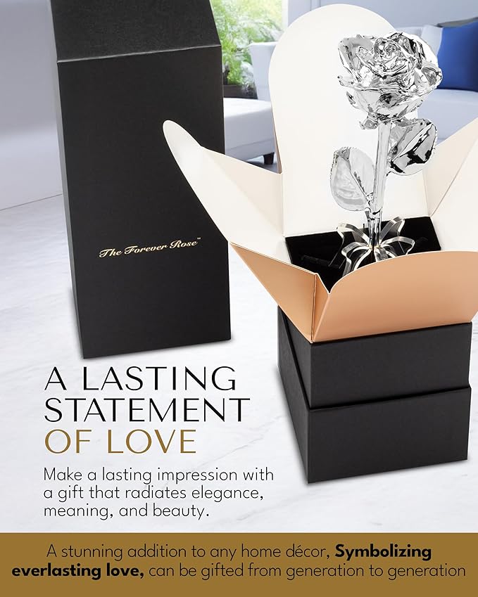 Forever Rose Real Rose Dipped in Platinum, Handcrafted Preserved Rose in Bloom Box and Phantom Vase, Romantic Gift for Her, Elegant Keepsake for Anniversary, Birthday, or Any Special Occasion
