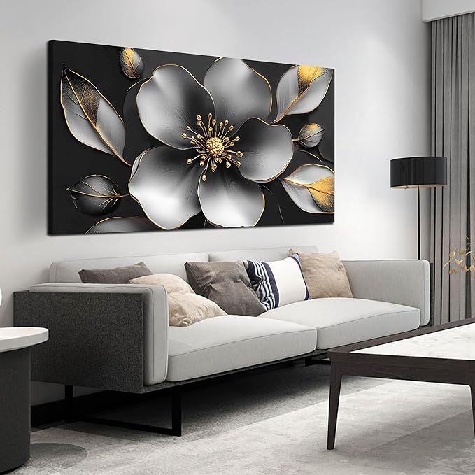 Large Canvas Wall Art for Living Room Bedroom Home Office Grey Metal Color Flower Picture Modern Canvas Prints Framed Wall Decor Size 29x59