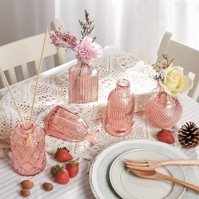 Pink Bud Vases in Bulk 12, Vintage Small Vases for Flowers, Clear Mini Glass Vase for Centerpieces, Decorative Embossed Flower Vase for Wedding Table Decoration, Baby Shower, Birthday Party