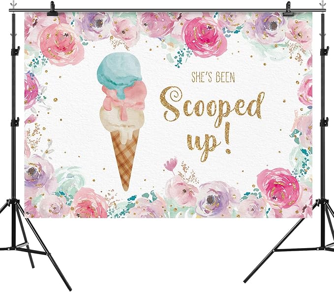 She's Been Scooped Up Backdrop Ice Cream Bridal Shower Party Pink Flowers Summer Photography Background Supplies Decorations Gift Floral Cake Table Banner Photo Booth Studio Props 7x5ft