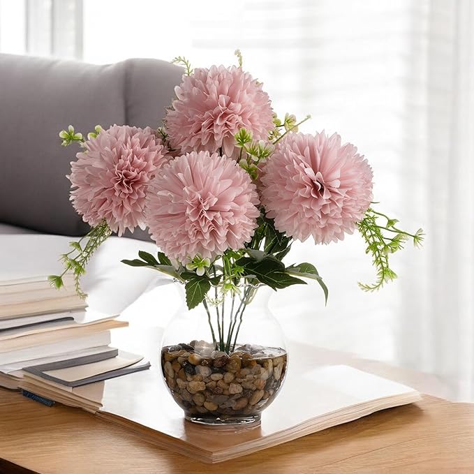 ENOVA FLORAL 7 Heads Silk Marigold Artificial Flowers in Vase,Faux Marigold Flowers Arrangement in Round Bowl Vase with Faux Water and River Rock for Table Decor Centerpieces (Marigold-Pink)