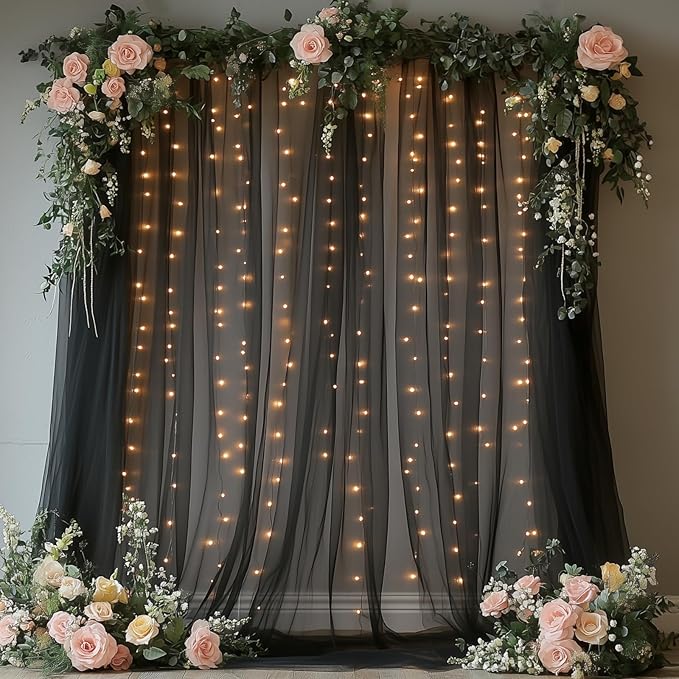 Tulle Curtain Backdrop with 300 LED Fairy Lights for Parites Wrinkle-Free Sheer Curtain Drapes Photo Back Drop for Wedding Baby Shower Bridal Shower Birthday Dance Home Décor- 10ft×10ft, Black