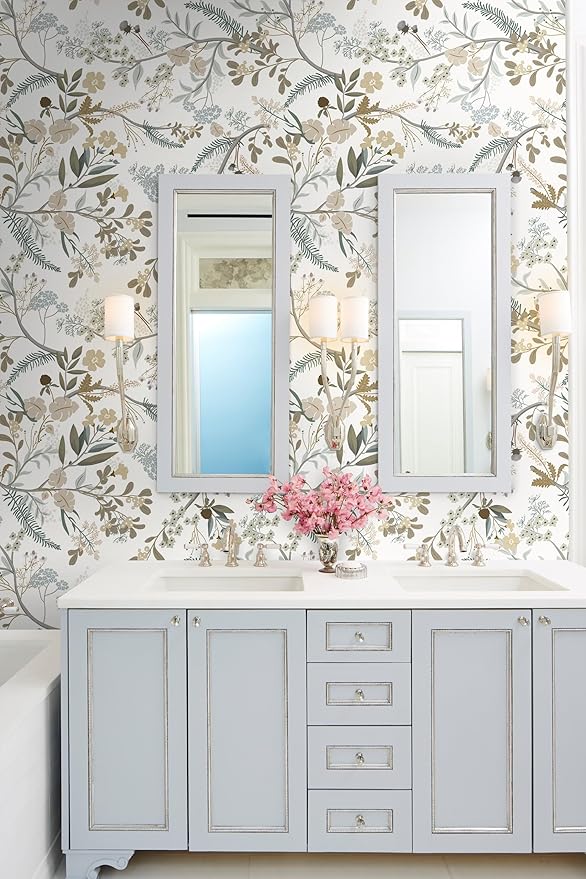Guvana 16.14"x197" Floral and Leaf Wallpaper Floral Peel and Stick Wallpaper Leaves Contact Paper Colorful Flowers Removable Wall Paper for Room Wall Decor（Off-White Background）