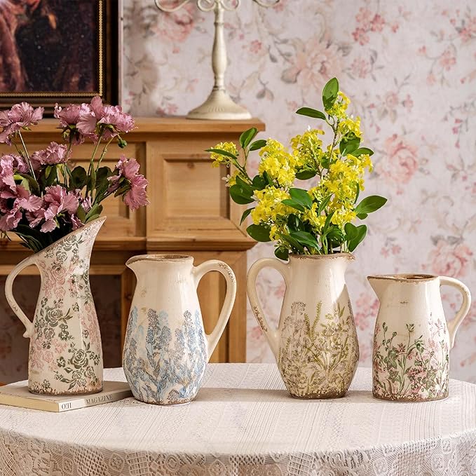 Vintage Green and Beige Ceramic Pitcher Vase with Handle, Farmhouse Floral Decorative Vase, Rustic Table Centerpiece for Home Decor, Living Room, French Country Grand Millennial Decor 8.7 in