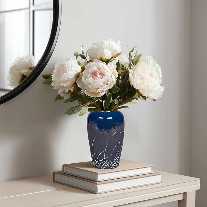 Black and Navy Blue Vase, 8 Inch Dark Blue Ceramic Vase for Flowers, Modern Decorative Vases for Home Decor, Coastal Living Room Decor, Navy Table Centerpiece
