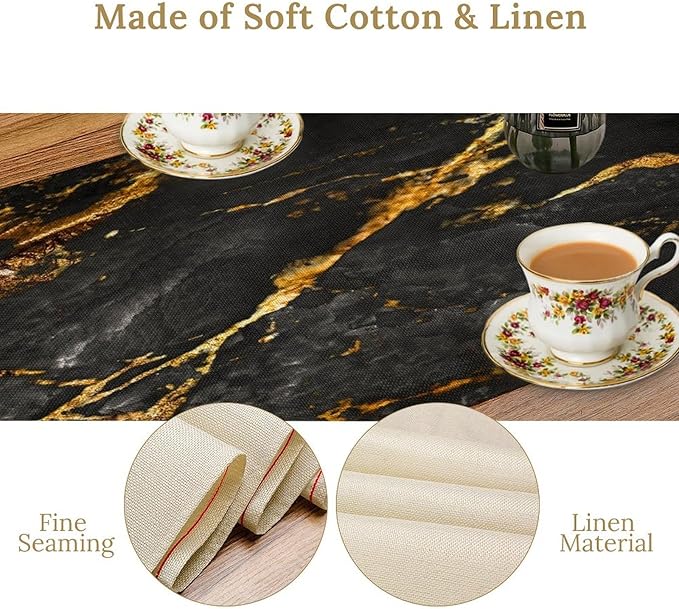 Black Grey Marble Table Runner Abstract Black Grey Gold Veins Marble Pattern Seasonal Dinner Runner Table Decoration for Farmhouse Home Kitchen Dining Holiday Party 13x36in