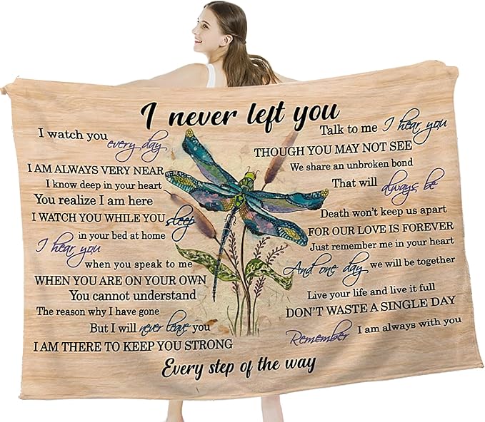 Dragonfly Blanket Memorial Sympathy Gifts for Girls Women Loved One I Never Left You Throw Blanket for Kids Adults Soft Warm Cozy Fleece Blanket for Couch Sofa Bed 60"x80"