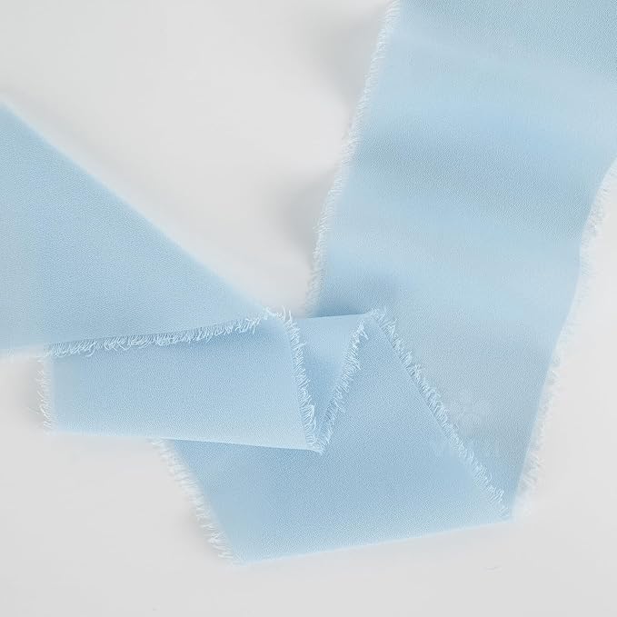 MEEDEE Light Blue Chiffon Ribbon 3 Inch Fringe Ribbons Baby Blue Chiffon Silk Frayed Edge Ribbon Wide Chiffon Ribbons for Crafts, Flower Bouquet, Wedding Favors Wrapping (2 Rolls 10 Yards)