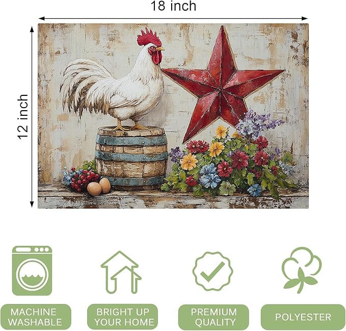 Farmhouse Chicken Placemats Set of 4 Washable Table Retro Rooster Heat-Resistant Cotton Linen Place Mats for Dining Table Kitchen Indoor Outdoor Party Holiday Decor