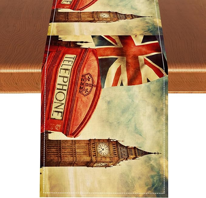 British Table Runner, Seasonal Vintage Buildings England London Culture Element Coffee Table Center Decor for Home Kitchen Dining Patio Holiday Party Table Decorations 13x90 inches